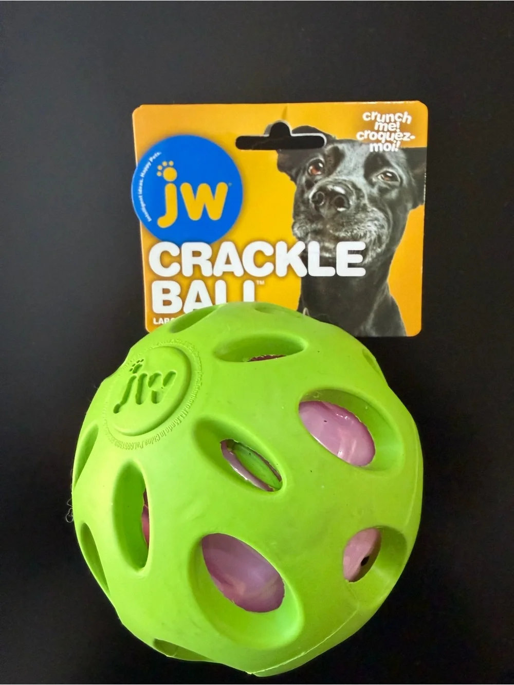 JW Crackle Ball Dog Toy - Green with Pink Insert